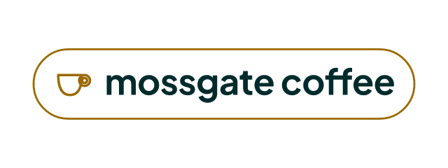Mossgate Coffee logo: Plus Jakarta Sans 700, badge layout, cup symbol, teal and gold and purple