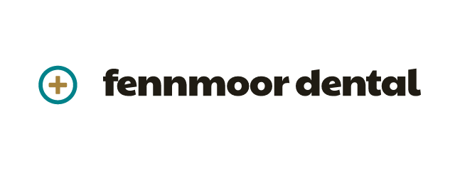 Fennmoor Dental logo: Paytone One 400, horizontal layout, cross symbol, black and teal and gold