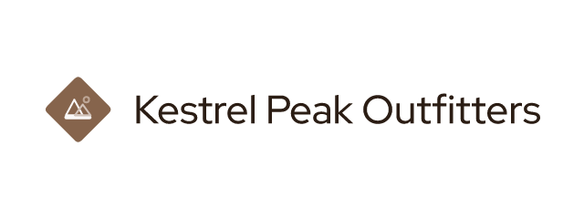 Kestrel Peak Outfitters logo: Red Hat Display 500, horizontal layout, peaks symbol, brown and olive