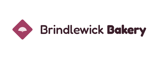 Brindlewick Bakery logo: Fredoka 700, horizontal layout, fan symbol, plum and red and pink