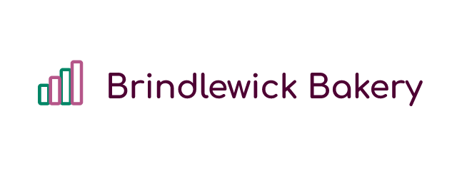 Brindlewick Bakery logo: Comfortaa 700, horizontal layout, steps symbol, plum and teal and pink