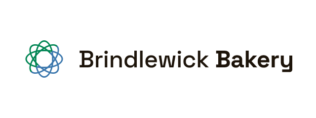 Brindlewick Bakery logo: Space Grotesk 700, horizontal layout, orbit symbol, brown and teal and blue