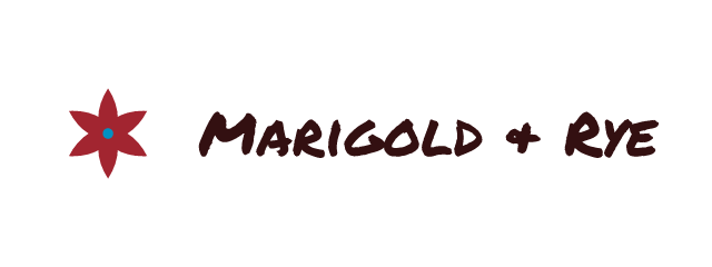 Marigold & Rye logo: Permanent Marker 400, horizontal layout, rosette symbol, black and rust and blue