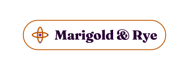 Marigold & Rye logo: Fraunces 800, badge layout, orbit symbol, plum and orange and purple