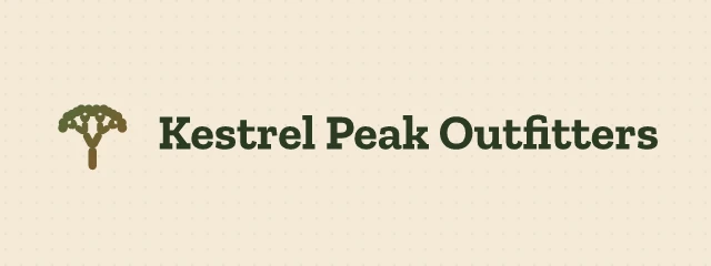 Kestrel Peak Outfitters logo, AI direction 2: forest trail, warm and handmade