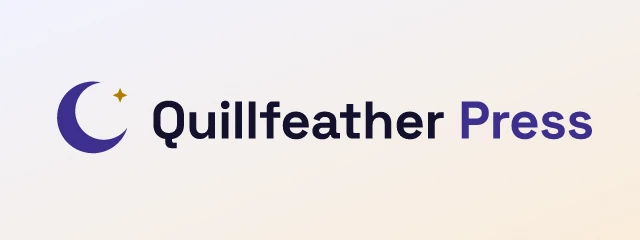 Quillfeather Press logo: Space Grotesk 700, horizontal layout, moon symbol