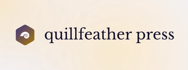Quillfeather Press logo: Libre Baskerville 400, horizontal layout, spiral symbol