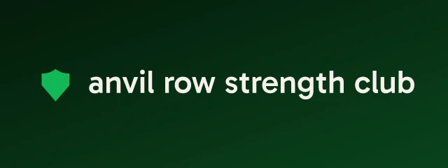 Anvil Row Strength Club logo: Gabarito 500, horizontal layout, shield symbol, brown and green and sky