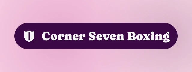 Corner Seven Boxing logo: Caprasimo 400, badge layout, shield symbol, plum and pink