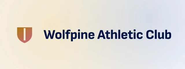 Wolfpine Athletic Club logo: Sofia Sans 800, horizontal layout, shield symbol, navy and gold and pink