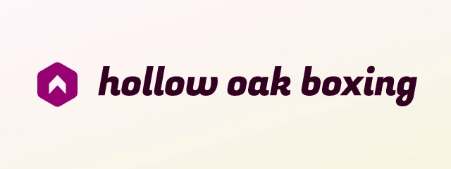 Hollow Oak Boxing logo: Fugaz One 400, horizontal layout, chevron symbol, plum and yellow