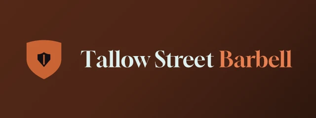 Tallow Street Barbell logo: Gloock 400, horizontal layout, shield symbol, teal and rust and pink