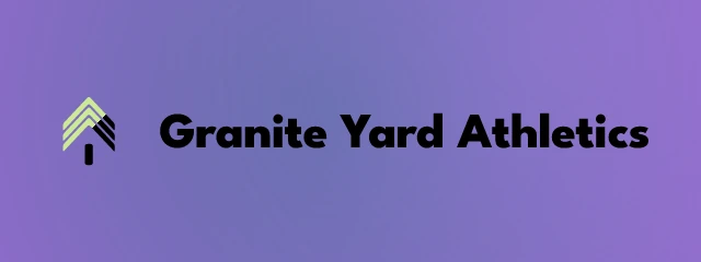 Granite Yard Athletics logo: League Spartan 800, horizontal layout, chevron symbol, olive and pink and blue