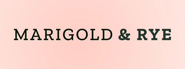 Marigold & Rye logo: Zilla Slab 700, wordmark layout, none symbol, green and orange and sky