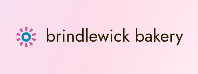 Brindlewick Bakery logo: Jost 400, horizontal layout, sun symbol, yellow and pink and teal