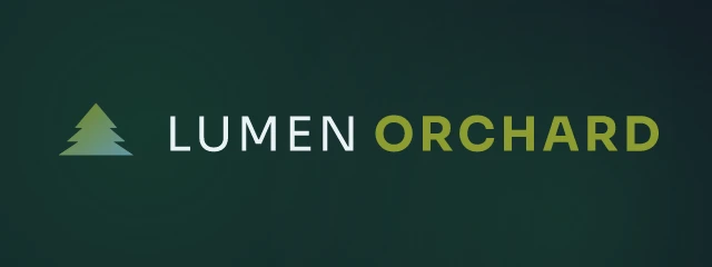 Lumen Orchard logo: Sora 400, horizontal layout, tree symbol, navy and olive and sky