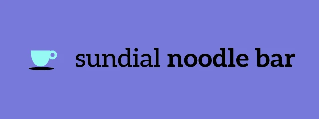 Sundial Noodle Bar logo: Aleo 700, horizontal layout, cup symbol, teal and sky and pink