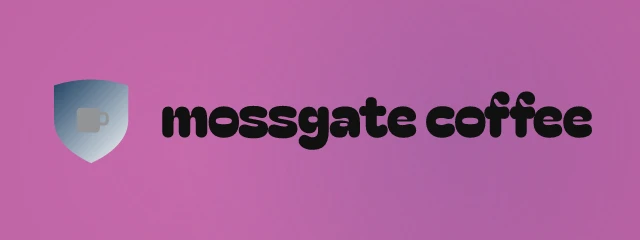 Mossgate Coffee logo: Bagel Fat One 400, horizontal layout, cup symbol, navy and pink and rust