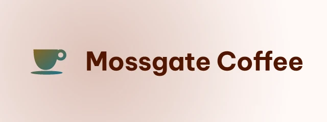 Mossgate Coffee logo: Be Vietnam Pro 700, horizontal layout, cup symbol, rust and orange and blue