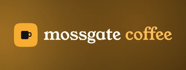 Mossgate Coffee logo: Young Serif 400, horizontal layout, cup symbol, brown and orange and rust