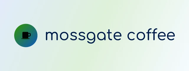 Mossgate Coffee logo: Comfortaa 500, horizontal layout, cup symbol, navy and green and blue