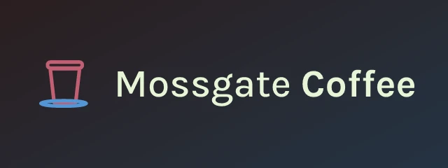 Mossgate Coffee logo: Karla 500, horizontal layout, cup symbol, olive and red and sky