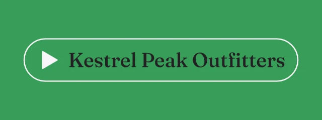 Kestrel Peak Outfitters logo: Fraunces 500, badge layout, play symbol, plum and green