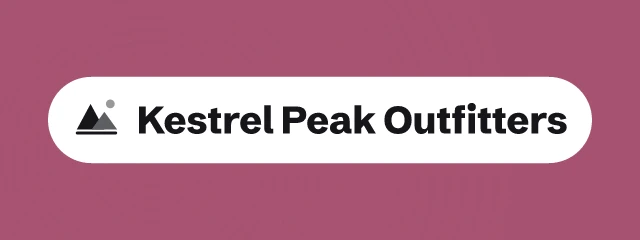 Kestrel Peak Outfitters logo: Schibsted Grotesk 800, badge layout, peaks symbol, navy and red and olive