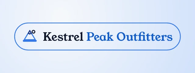 Kestrel Peak Outfitters logo: Young Serif 400, badge layout, peaks symbol, navy and sky