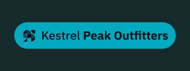 Kestrel Peak Outfitters logo: IBM Plex Sans 500, badge layout, tiles symbol, brown and teal and gold