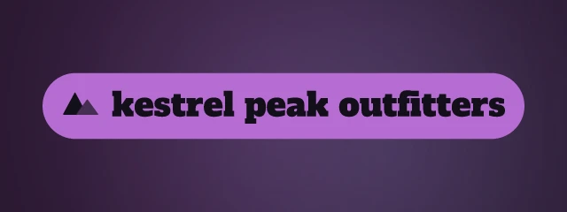 Kestrel Peak Outfitters logo: Alfa Slab One 400, badge layout, peaks symbol, yellow and purple and sky