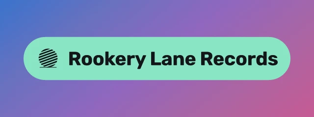 Rookery Lane Records logo: Rubik 700, badge layout, sunset symbol, teal and pink and blue