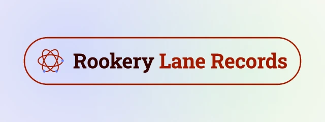 Rookery Lane Records logo: Roboto Slab 700, badge layout, orbit symbol, black and rust and sky