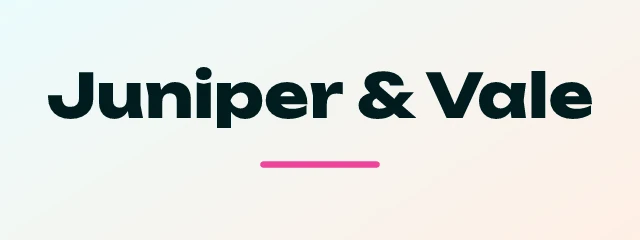 Juniper & Vale logo: Unbounded 800, wordmark layout, none symbol, navy and pink and orange