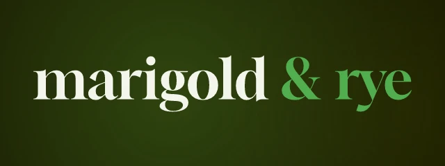 Marigold & Rye logo: Gloock 400, wordmark layout, none symbol, olive and green and sky