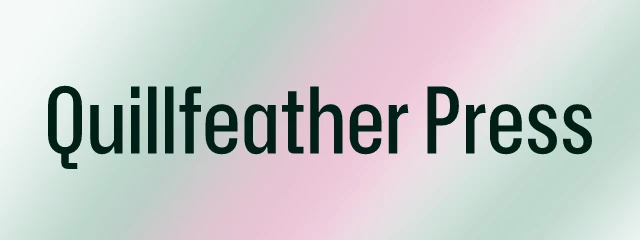 Quillfeather Press logo: Hubot Sans 500, wordmark layout, none symbol, teal and pink and blue
