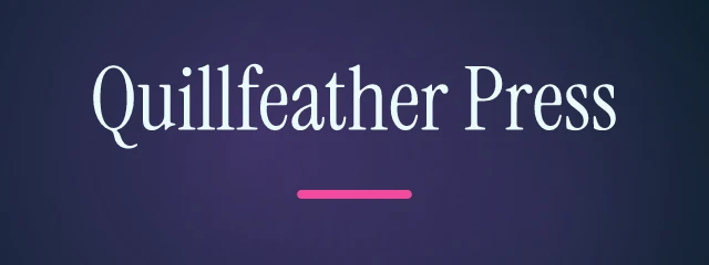 Quillfeather Press logo: Instrument Serif 400, wordmark layout, none symbol, navy and pink and orange
