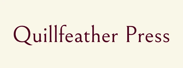 Quillfeather Press logo: Bellefair 400, wordmark layout, none symbol, red and yellow and teal