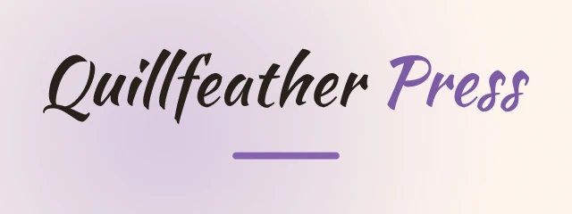 Quillfeather Press logo: Kaushan Script 400, wordmark layout, none symbol, black and purple and teal