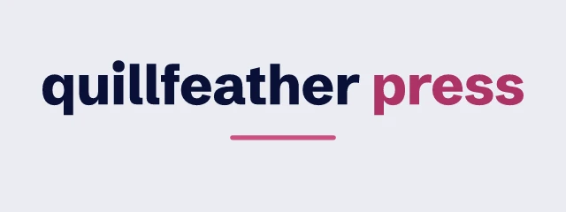 Quillfeather Press logo: Schibsted Grotesk 800, wordmark layout, none symbol, navy and pink and blue