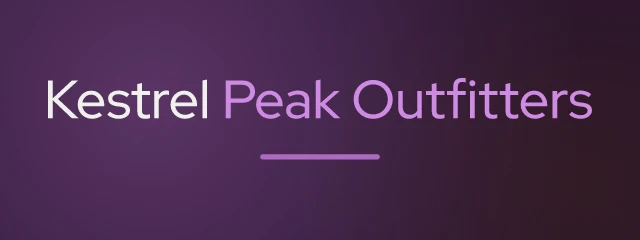 Kestrel Peak Outfitters logo: Red Hat Display 500, wordmark layout, none symbol, olive and purple and green