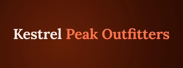 Kestrel Peak Outfitters logo: Lora 700, wordmark layout, none symbol, rust and olive