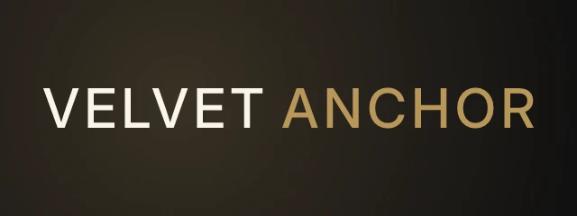 Velvet Anchor logo: Inter 500, wordmark layout, none symbol, black and sand and cream