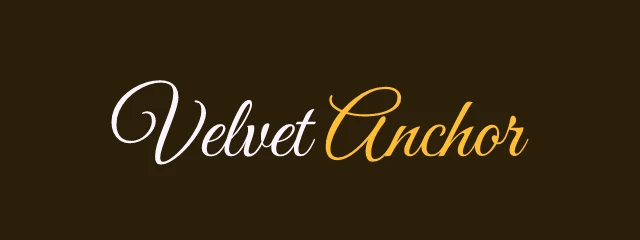 Velvet Anchor logo: Great Vibes 400, wordmark layout, none symbol, plum and yellow and purple