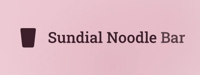 Sundial Noodle Bar logo: Roboto Slab 500, horizontal layout, cup symbol, plum and red and pink