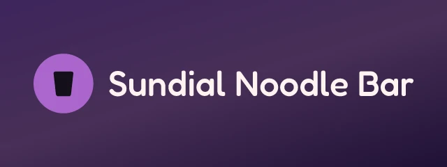 Sundial Noodle Bar logo: Fredoka 500, horizontal layout, cup symbol, navy and purple