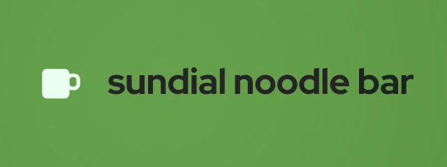 Sundial Noodle Bar logo: Red Hat Display 800, horizontal layout, cup symbol, green