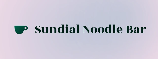Sundial Noodle Bar logo: Rozha One 400, horizontal layout, cup symbol, teal and pink and blue