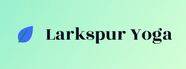 Larkspur Yoga logo: Rozha One 400, horizontal layout, leaf symbol, navy and sky