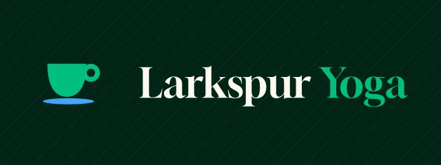 Larkspur Yoga logo: Gloock 400, horizontal layout, cup symbol, brown and teal and sky